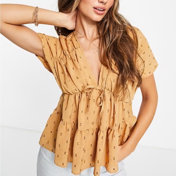 ASOS DESIGN v neck smock top in textured dobby tan - Picture 1 of 10